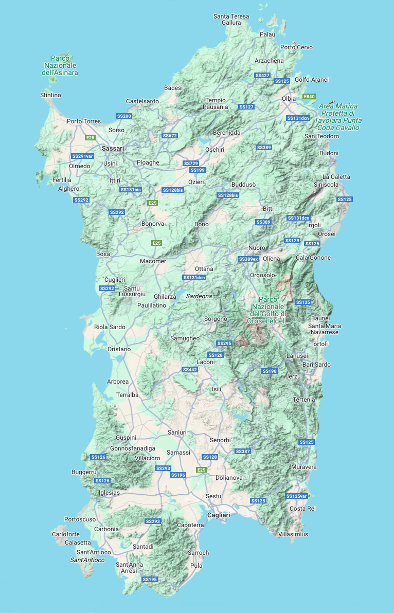A detailed topographic map of Sardinia showing the physical relief and geography of the island. The map serves as a useful reference for planning yacht charter itineraries, highlighting various coastal areas including Porto Cervo, Costa Smeralda, Sardinia in the northeast and other main regional nautical destinations.