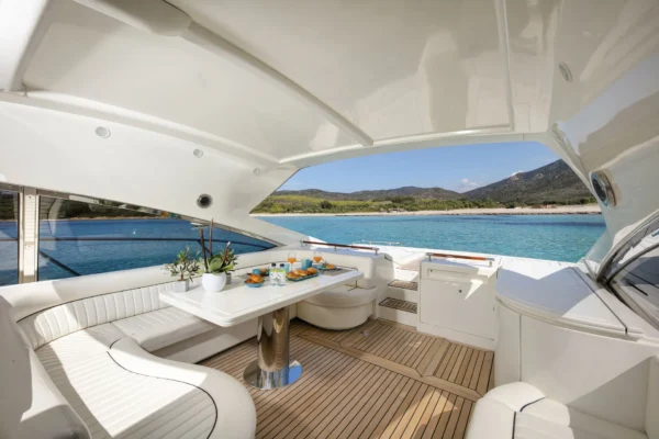 Sarnico 65 cockpit view with sea panorama in Porto Cervo, Costa Smeralda, Sardinia