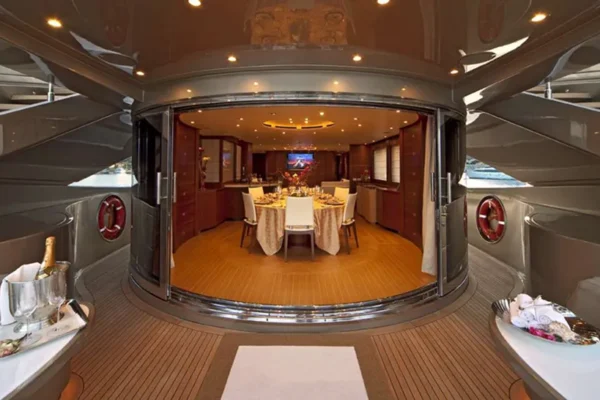 Elegant interior dining area of ISA 120 in Porto Cervo, Costa Smeralda, Sardinia