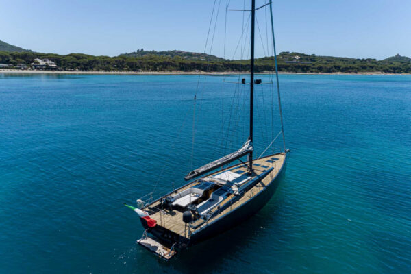 Hanse 575 sailing yacht at anchor in clear blue waters near Porto Cervo, Costa Smeralda, Sardinia